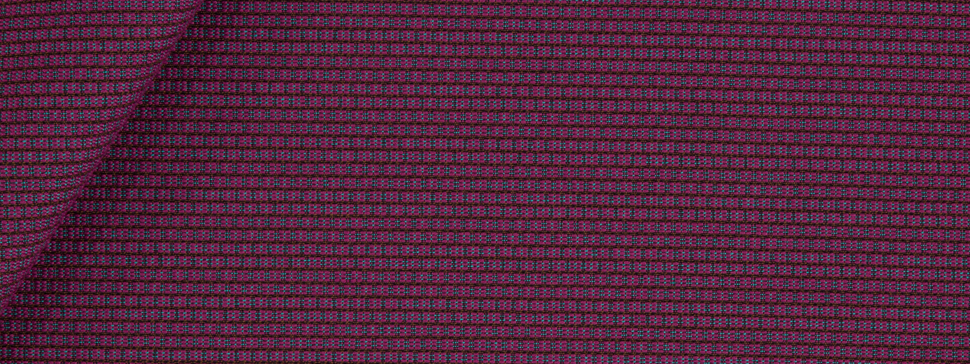 Close-up of plum purple woven upholstery fabric with a tiny pink grid pattern; dense micro-check texture, folded corner.