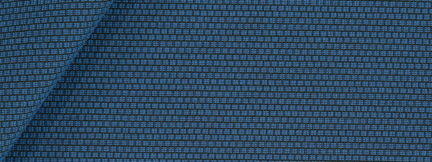Blue textured woven upholstery fabric with a tiny square grid pattern.