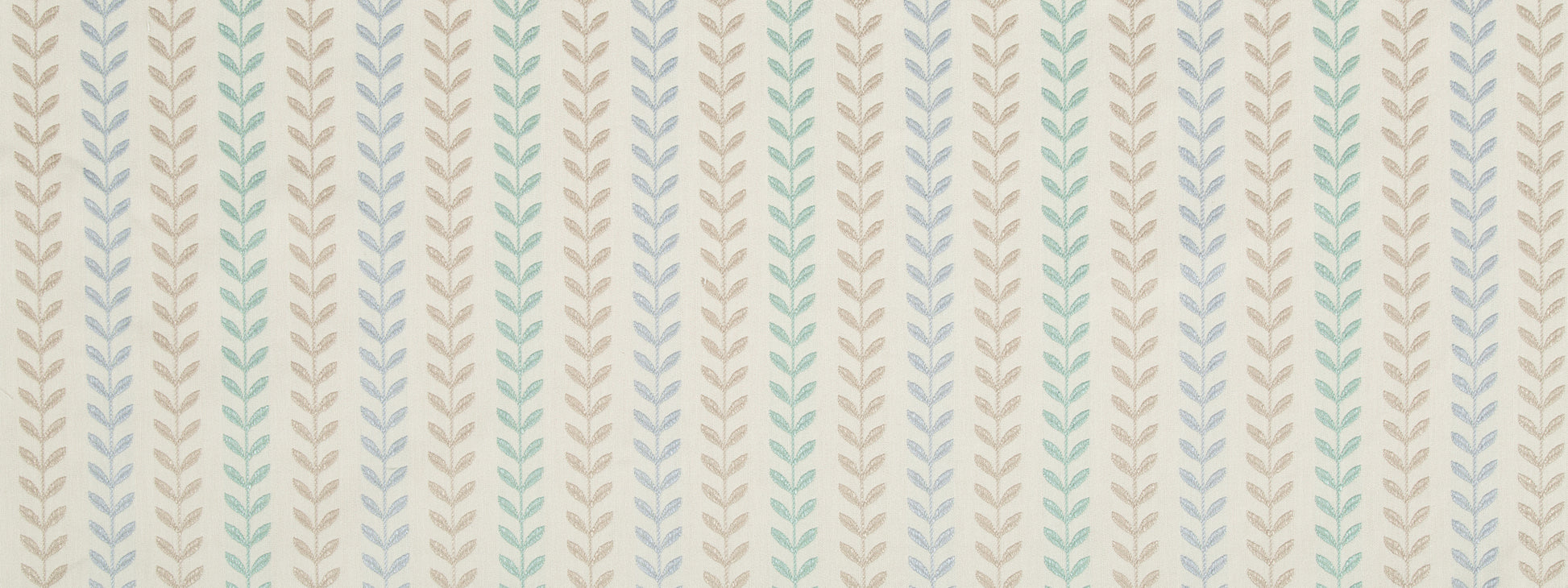 Pastel leaf-sprig upholstery fabric with vertical beige, blue and mint stems on cream.