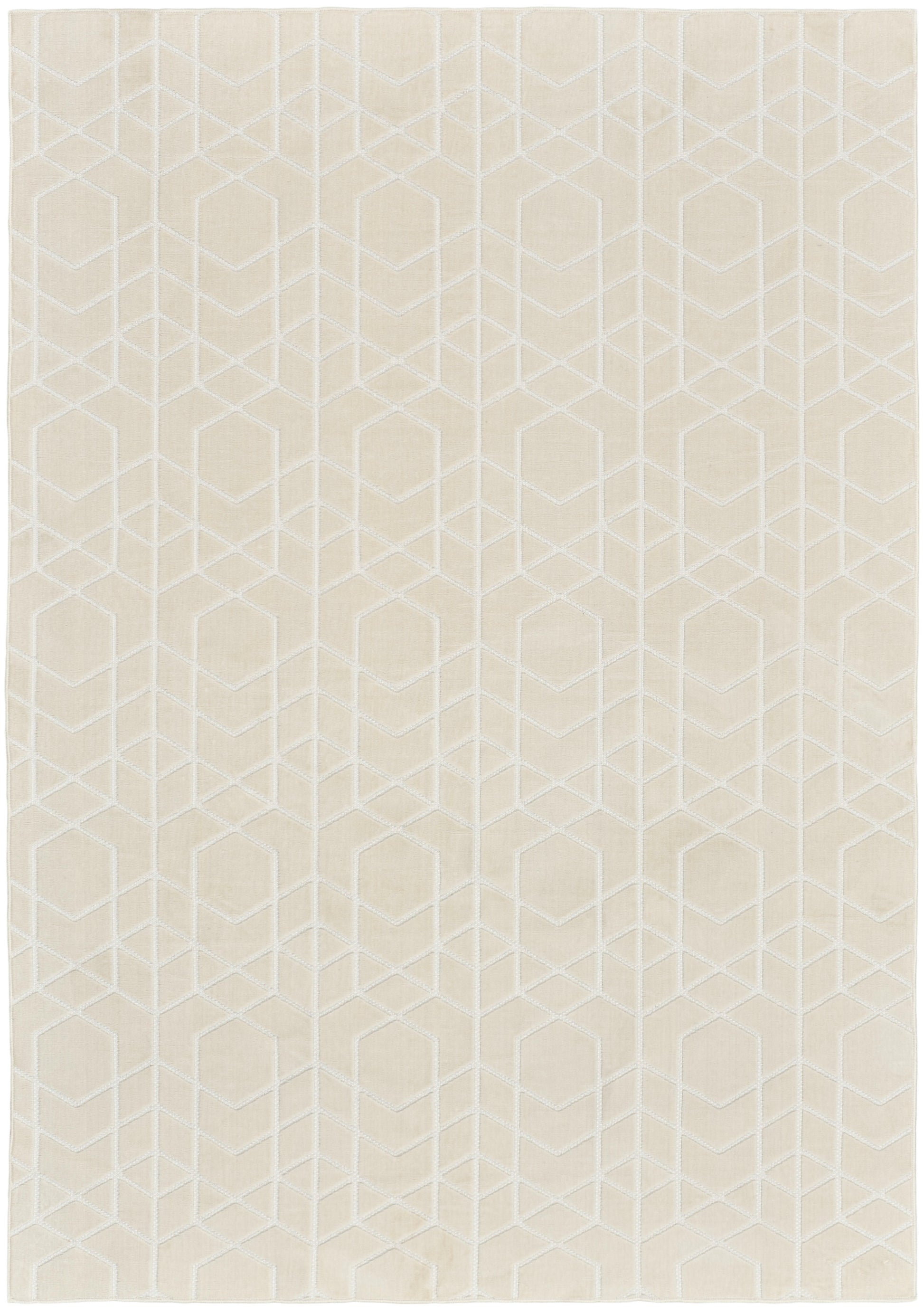 Beige rug with a subtle white geometric lattice pattern; soft, flat-weave look for modern decor.