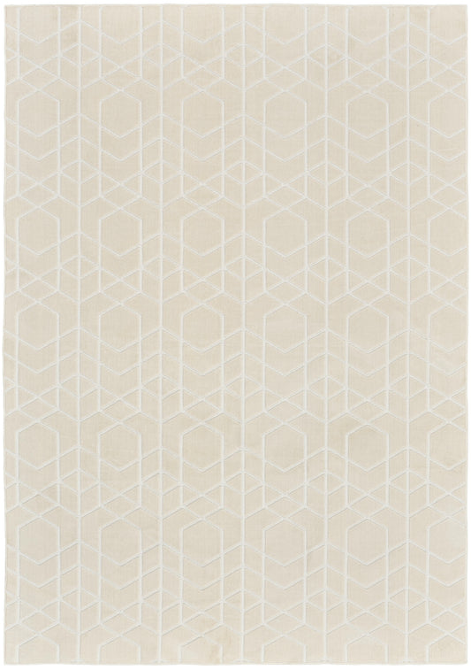 Beige rug with a subtle white geometric lattice pattern; soft, flat-weave look for modern decor.