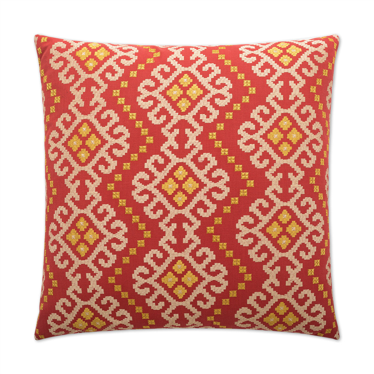 Red throw pillow with white geometric lattice pattern and yellow diamond accents.