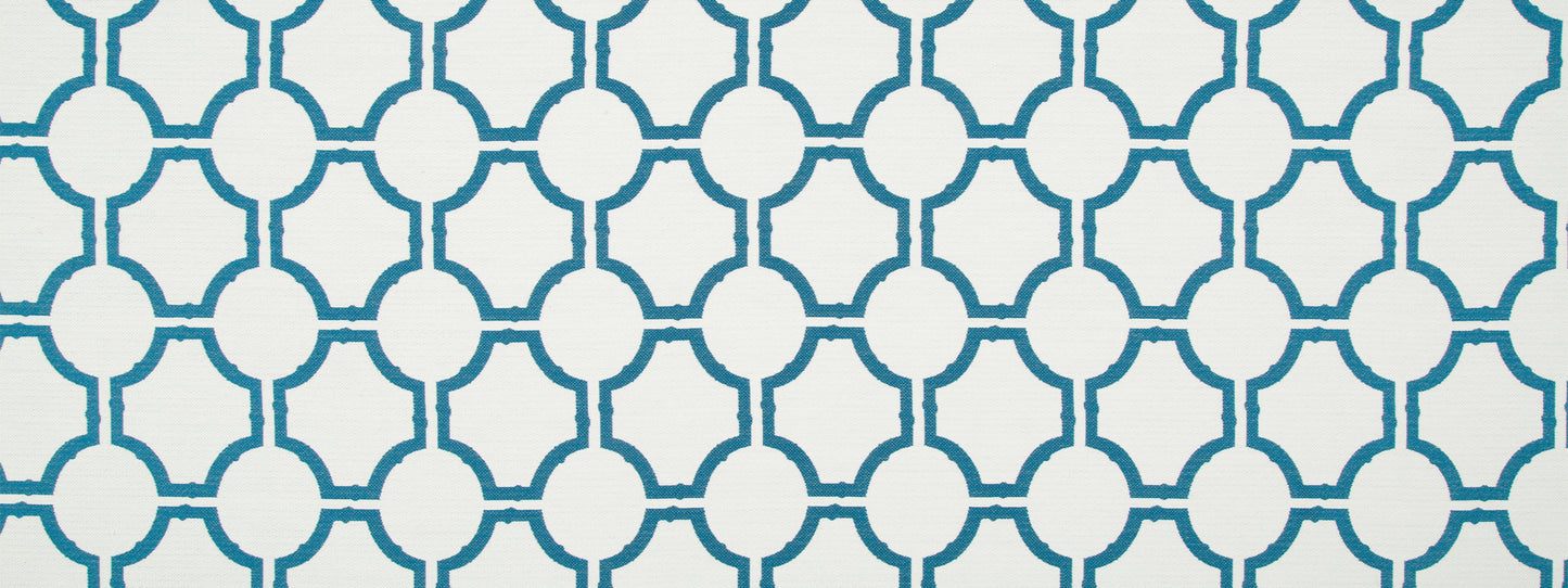 Teal circular-link geometric lattice pattern on a white backdrop; upholstery fabric.