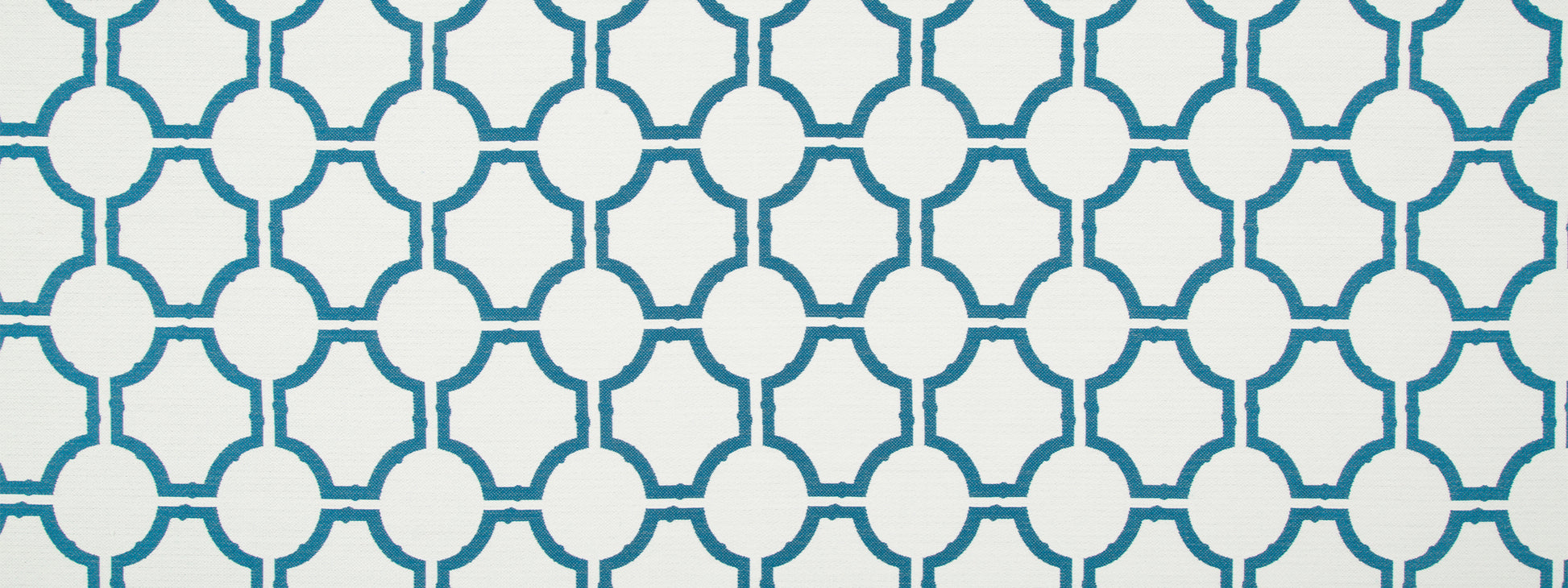 Teal circular-link geometric lattice pattern on a white backdrop; upholstery fabric.