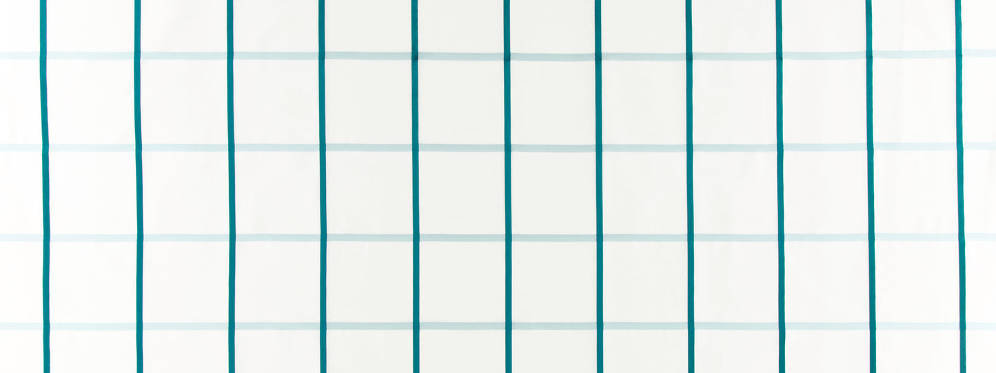 Teal vertical grid lines with pale blue horizontal lines on cream background; modern geometric grid pattern.