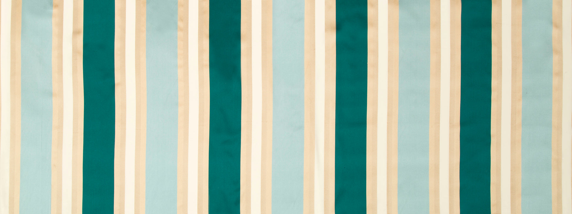 Vertical striped drapery fabric in teal, turquoise, and beige with narrow tan accents.