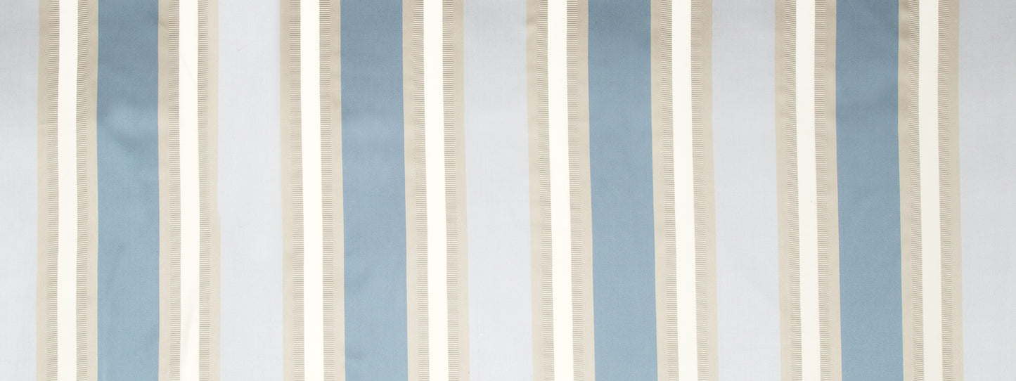 Blue and cream vertical striped wallpaper with alternating wide blue panels and narrow beige pinstriped stripes.