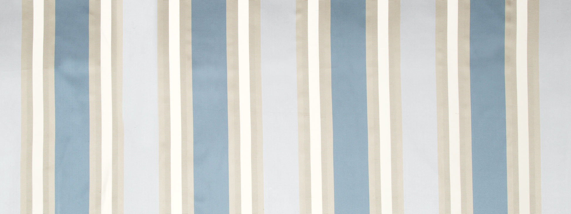 Blue and cream vertical striped wallpaper with alternating wide blue panels and narrow beige pinstriped stripes.