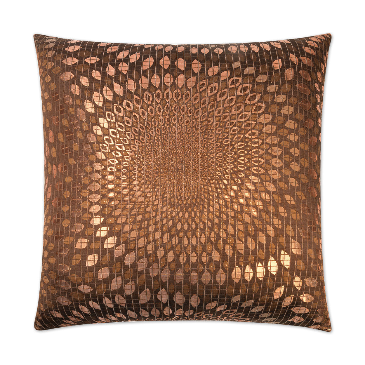 Copper-brown metallic throw pillow with a concentric kaleidoscopic scale pattern for decorative home decor.