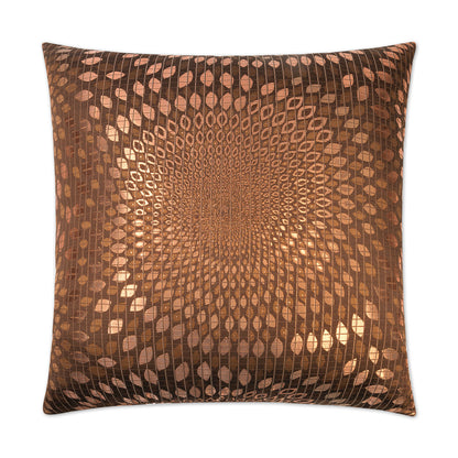 Copper-brown metallic throw pillow with a concentric kaleidoscopic scale pattern for decorative home decor.