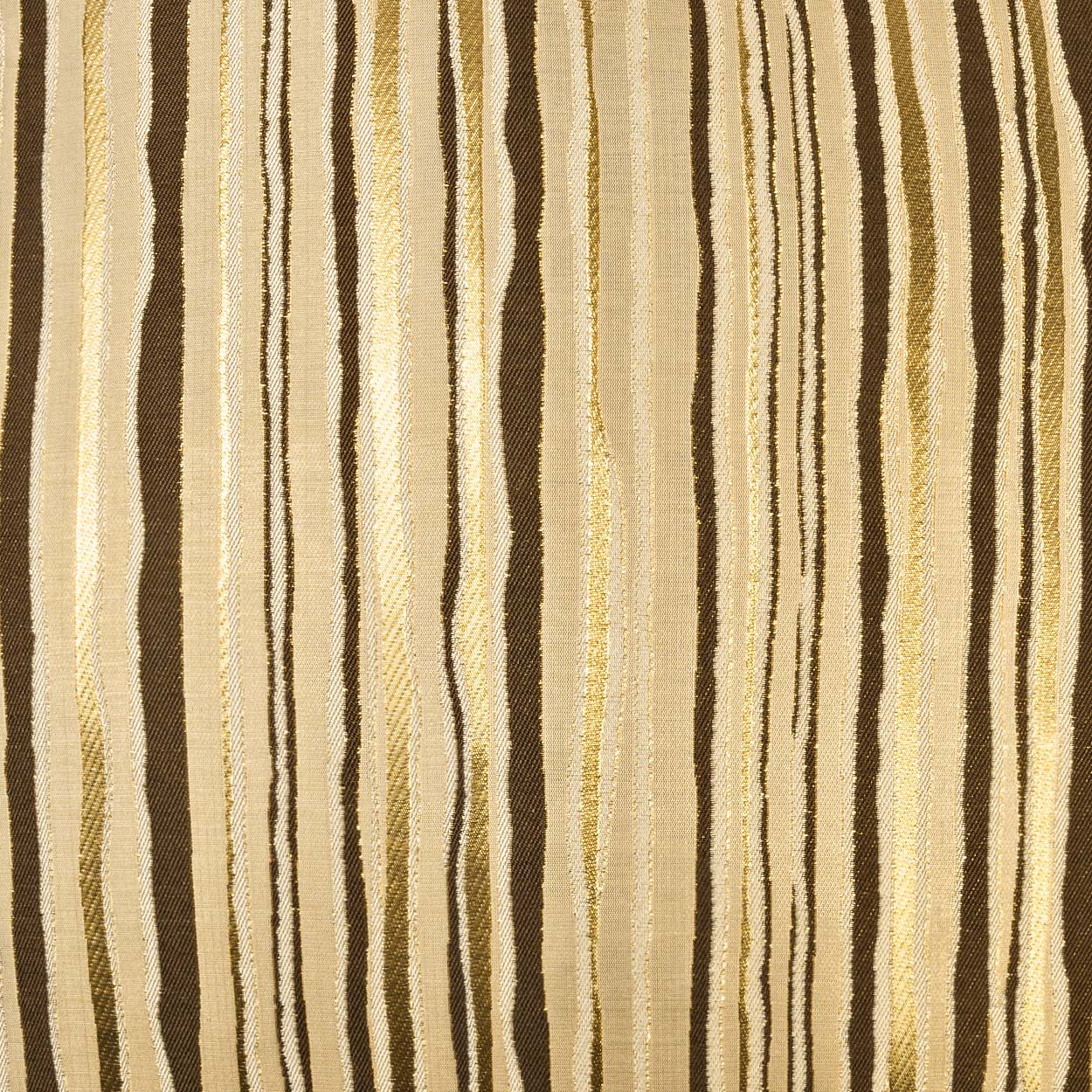 Beige woven fabric with vertical dark brown & gold metallic stripes; striped upholstery & drapery textile.