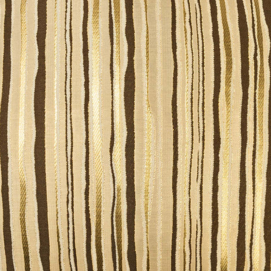 Beige woven fabric with vertical dark brown & gold metallic stripes; striped upholstery & drapery textile.