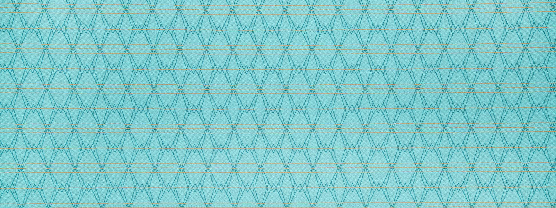 Turquoise geometric lattice fabric with interlocking diamond shapes.