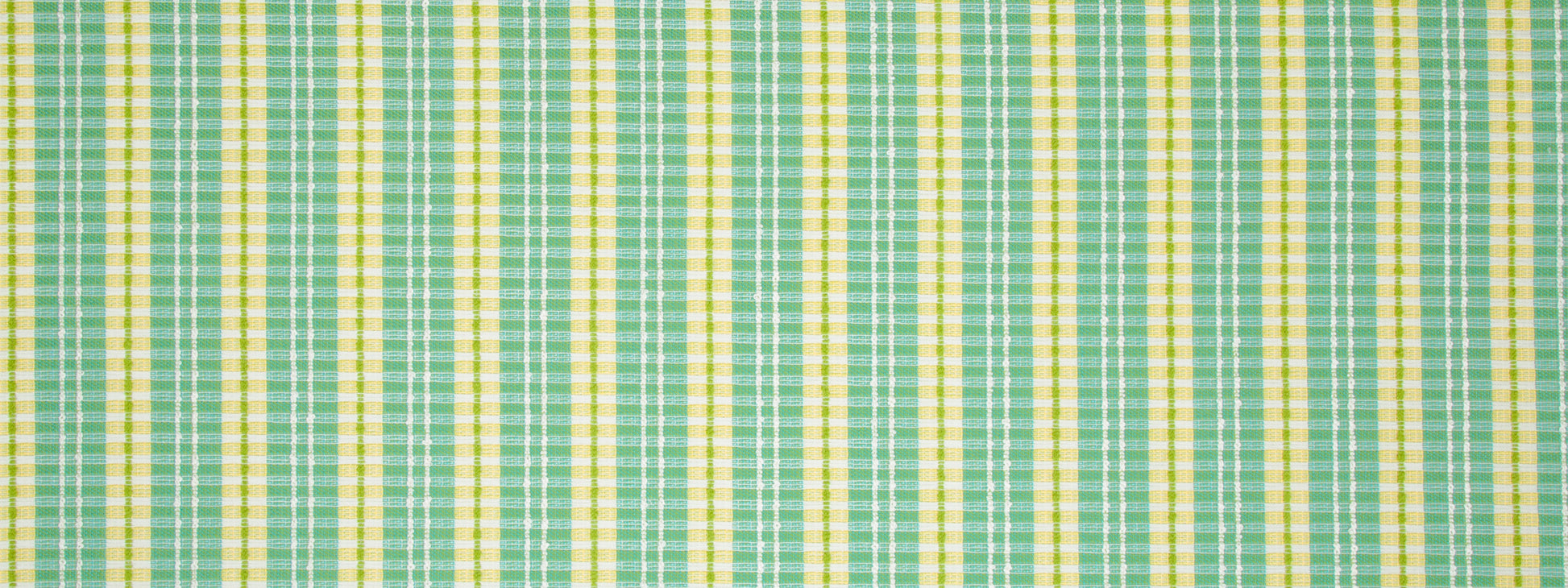 Turquoise plaid upholstery fabric with a woven texture.