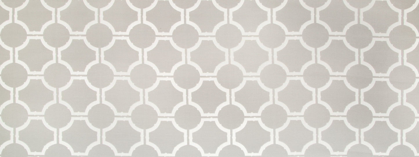 Taupe background with a white interlocking circular lattice pattern.