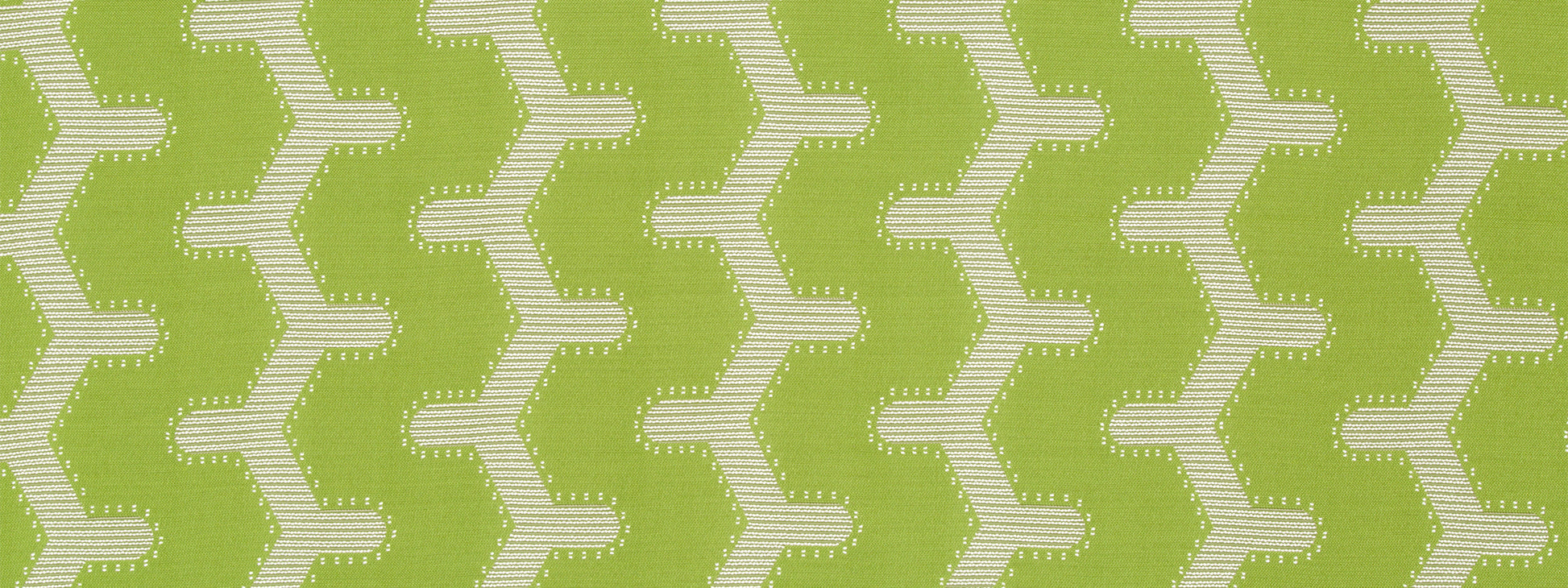 Lime green fabric with cream interlocking chevron/zigzag chain pattern; bold geometric textile for decor or apparel.