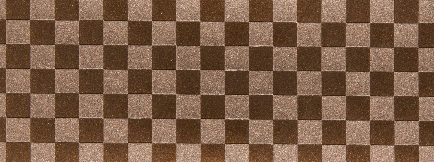 Brown and tan checkerboard pattern upholstery fabric with a textured surface.