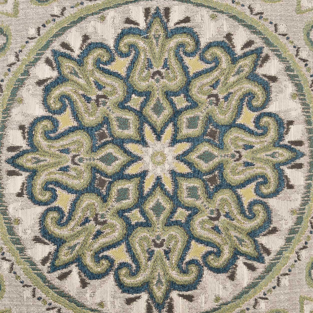 Circular mandala-inspired textile rug pattern in teal, sage green & cream on beige background.