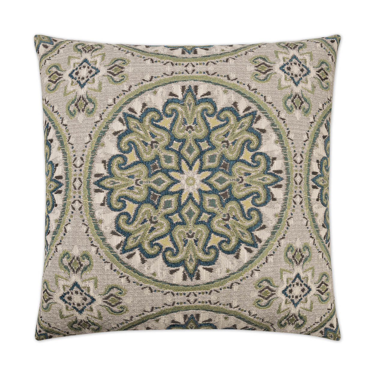 Square decorative pillow with teal & blue mandala medallion on beige textured fabric; tapestry-style cushion.
