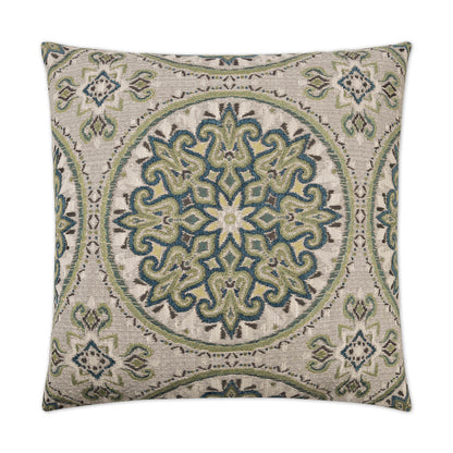 Square decorative pillow with teal & blue mandala medallion on beige textured fabric; tapestry-style cushion.