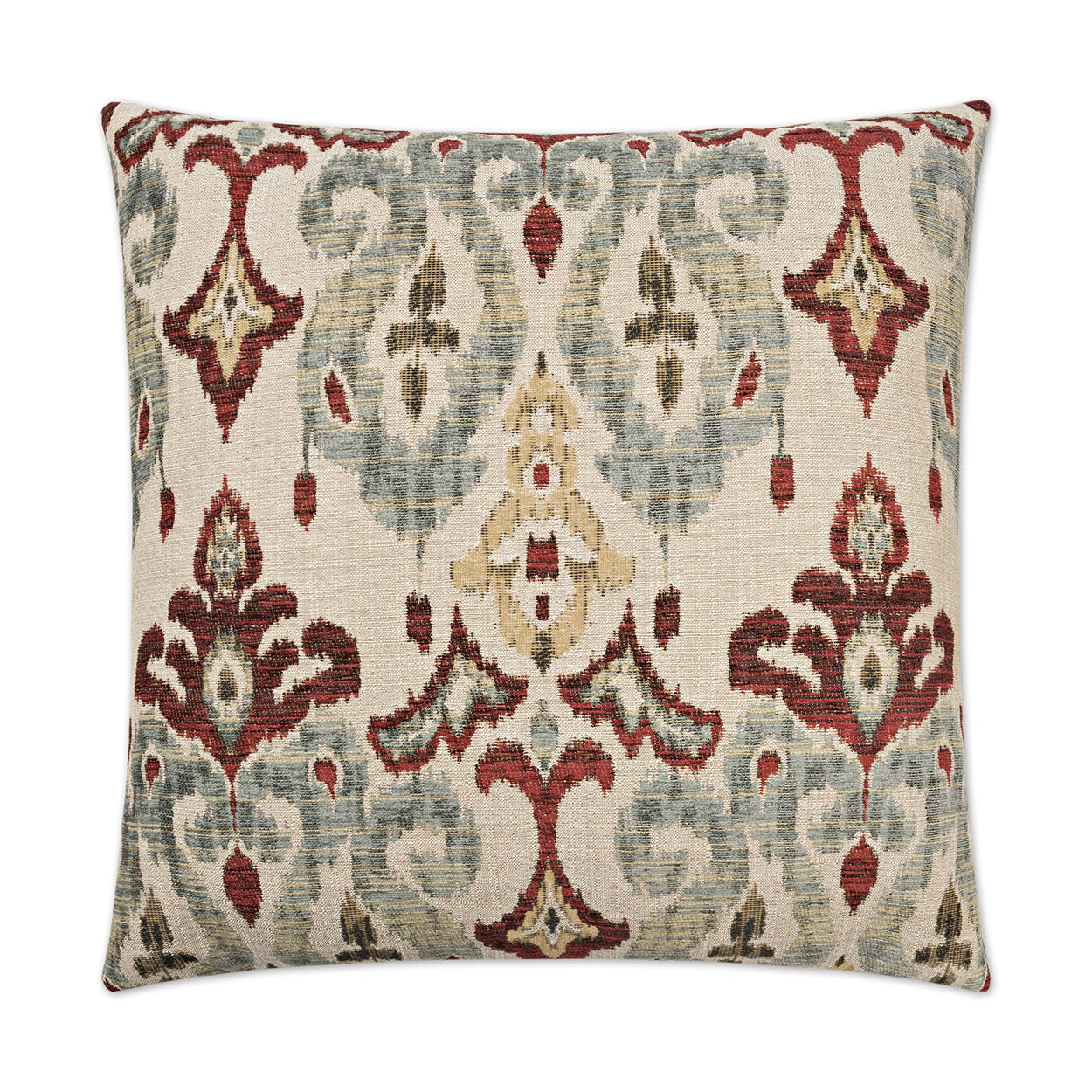 Decorative square throw pillow featuring an ornate damask pattern in burgundy, blue-gray, cream and gold on a beige background.