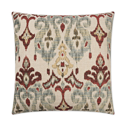 Decorative square throw pillow featuring an ornate damask pattern in burgundy, blue-gray, cream and gold on a beige background.