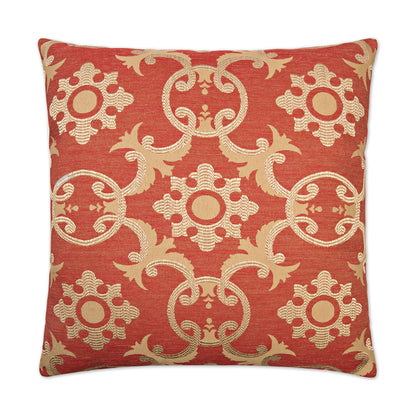 Red throw pillow with cream damask-style pattern, ornate circular motifs, textured fabric, square decorative cushion.