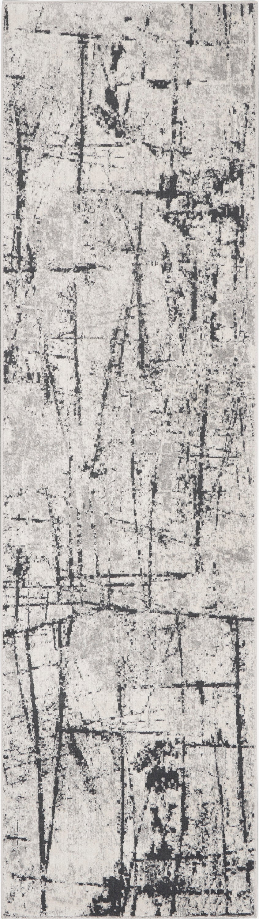 Light gray distressed runner rug with black abstract linear pattern.