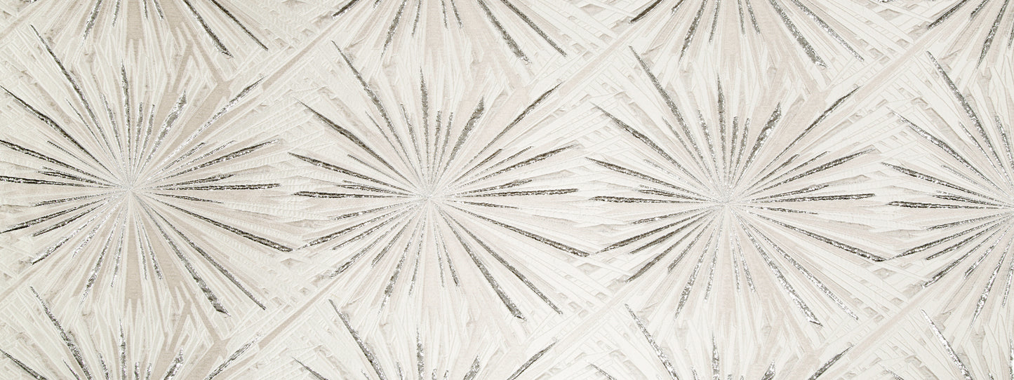 Cream and beige starburst embossed wallpaper with radial lines and textured geometric pattern.