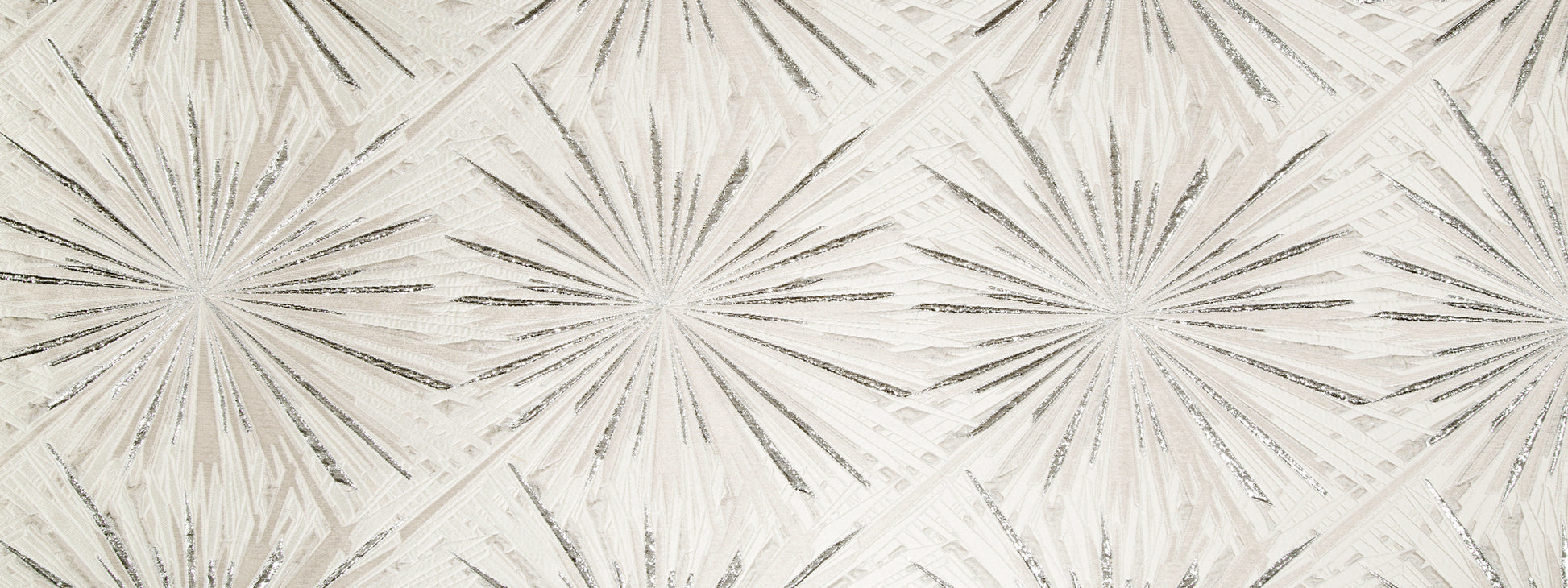 Cream and beige starburst embossed wallpaper with radial lines and textured geometric pattern.