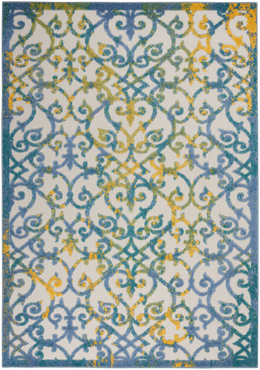 Decorative area rug with blue-teal and yellow scrollwork on ivory, framed by a dark blue border.
