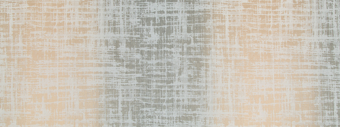 Textured woven fabric swatch with beige peach and cool gray-blue tones in a crosshatch grid.