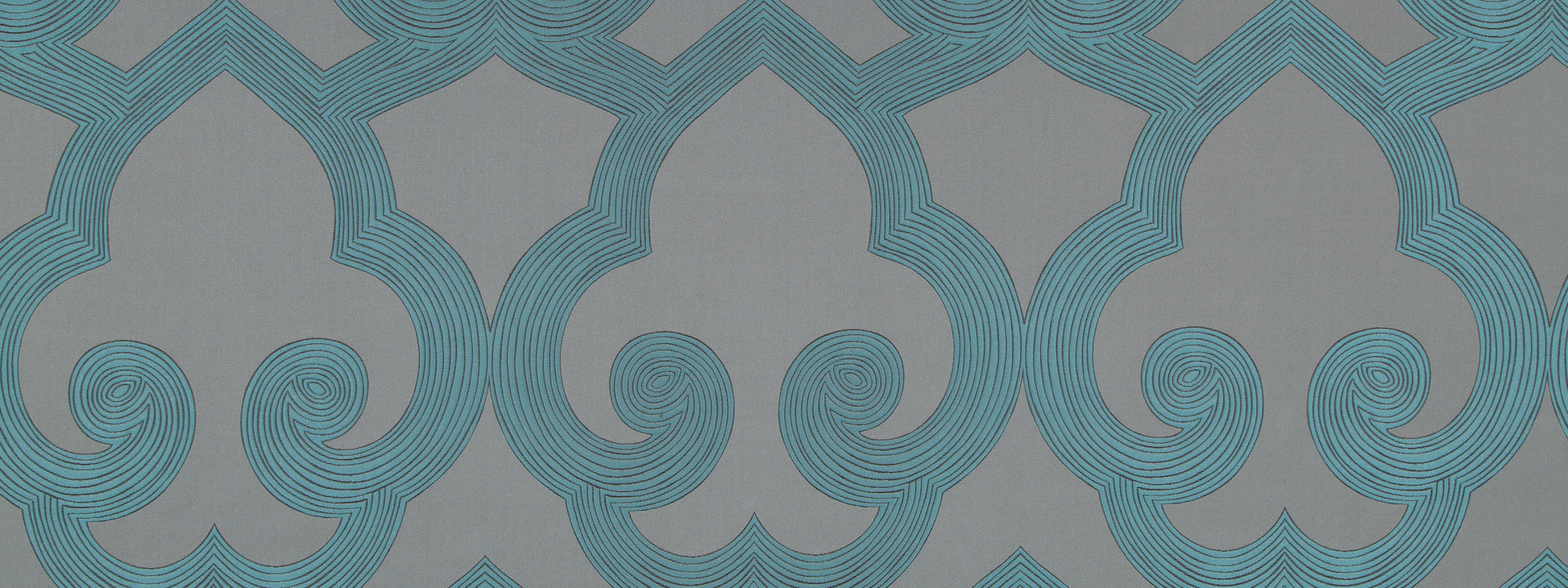 Teal geometric wallpaper with concentric curved lines forming ogee motifs on a gray background; modern wallcovering.