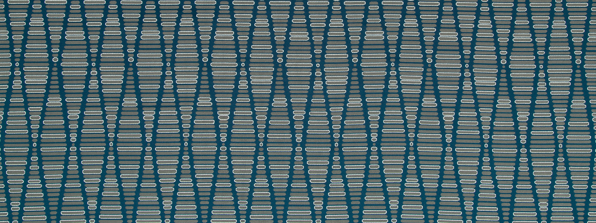 Teal and navy geometric woven fabric with repeating hourglass lattice pattern.