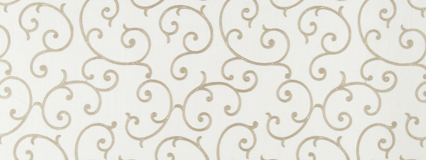 Beige damask-style scroll pattern on white background; elegant linen texture with ornate swirls.