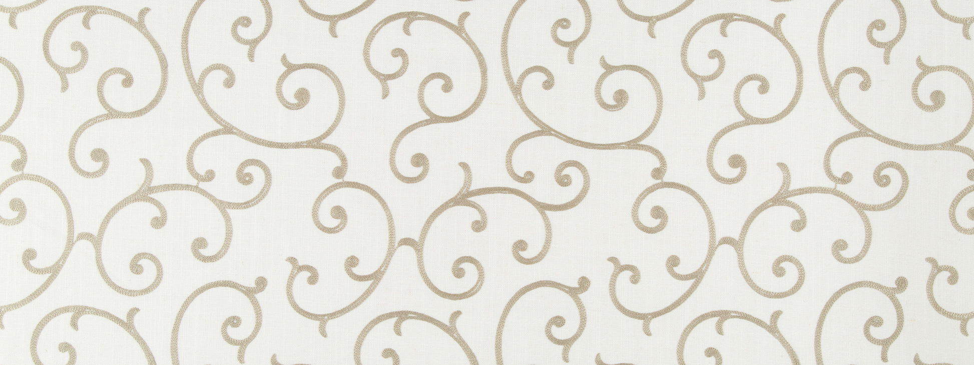 Beige damask-style scroll pattern on white background; elegant linen texture with ornate swirls.