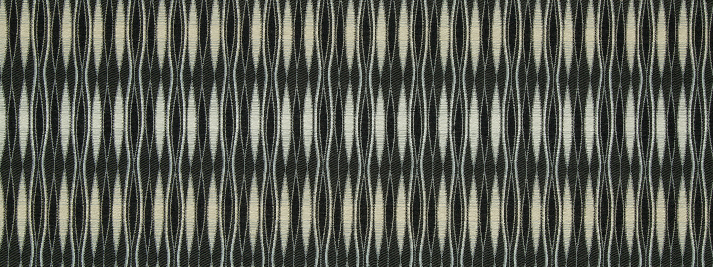Woven textile with vertical oval motif in cream & light gray on a dark charcoal background.