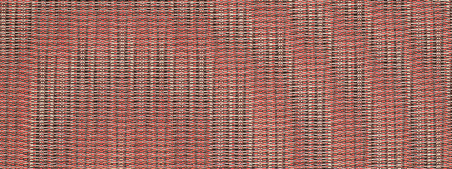 Close-up of red-orange woven textile with thin black stripes; textured upholstery fabric.