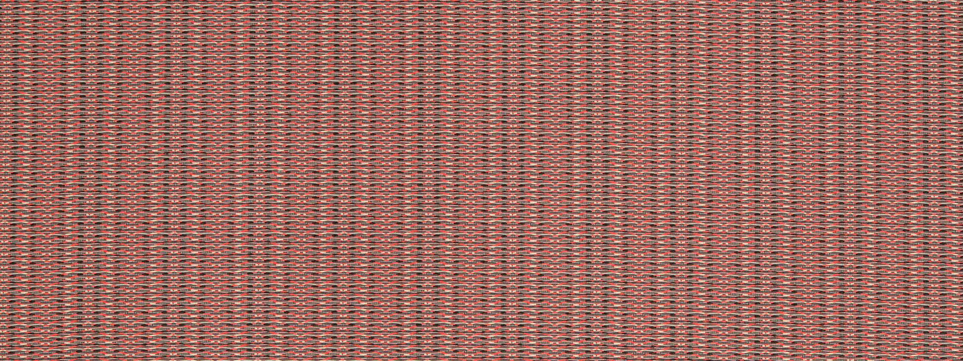 Close-up of red-orange woven textile with thin black stripes; textured upholstery fabric.