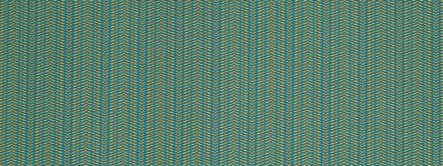 Teal woven fabric with yellow chevron pattern, textured textile.