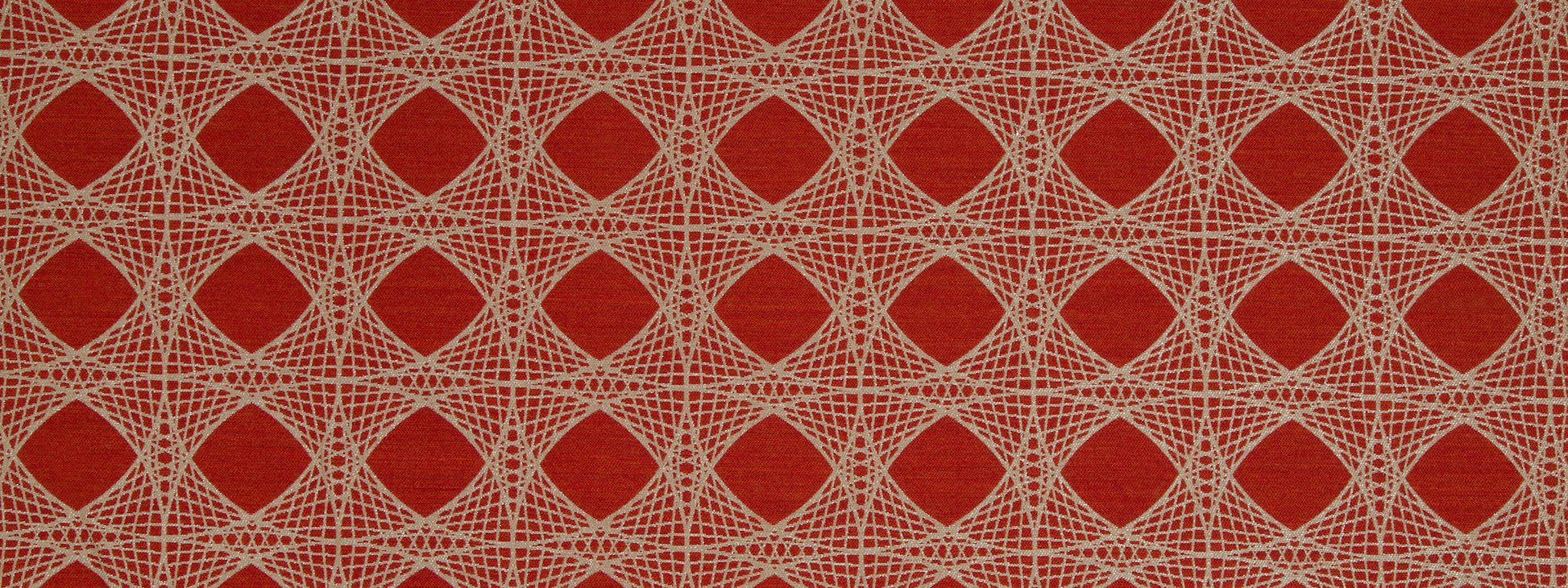 Red fabric with a white geometric lattice of diamonds; textile-style pattern suitable for upholstery or crafts.