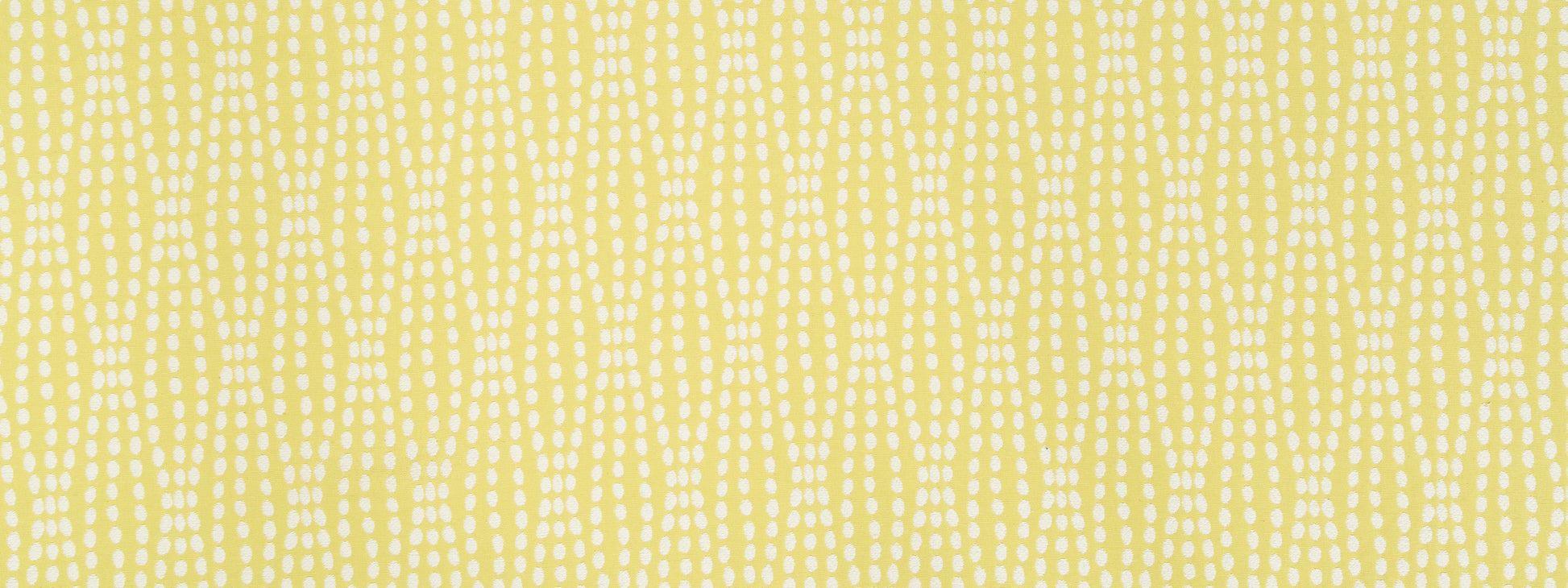 Soft yellow woven fabric with white geometric dotted pattern; light texture, great for drapes or cushions.