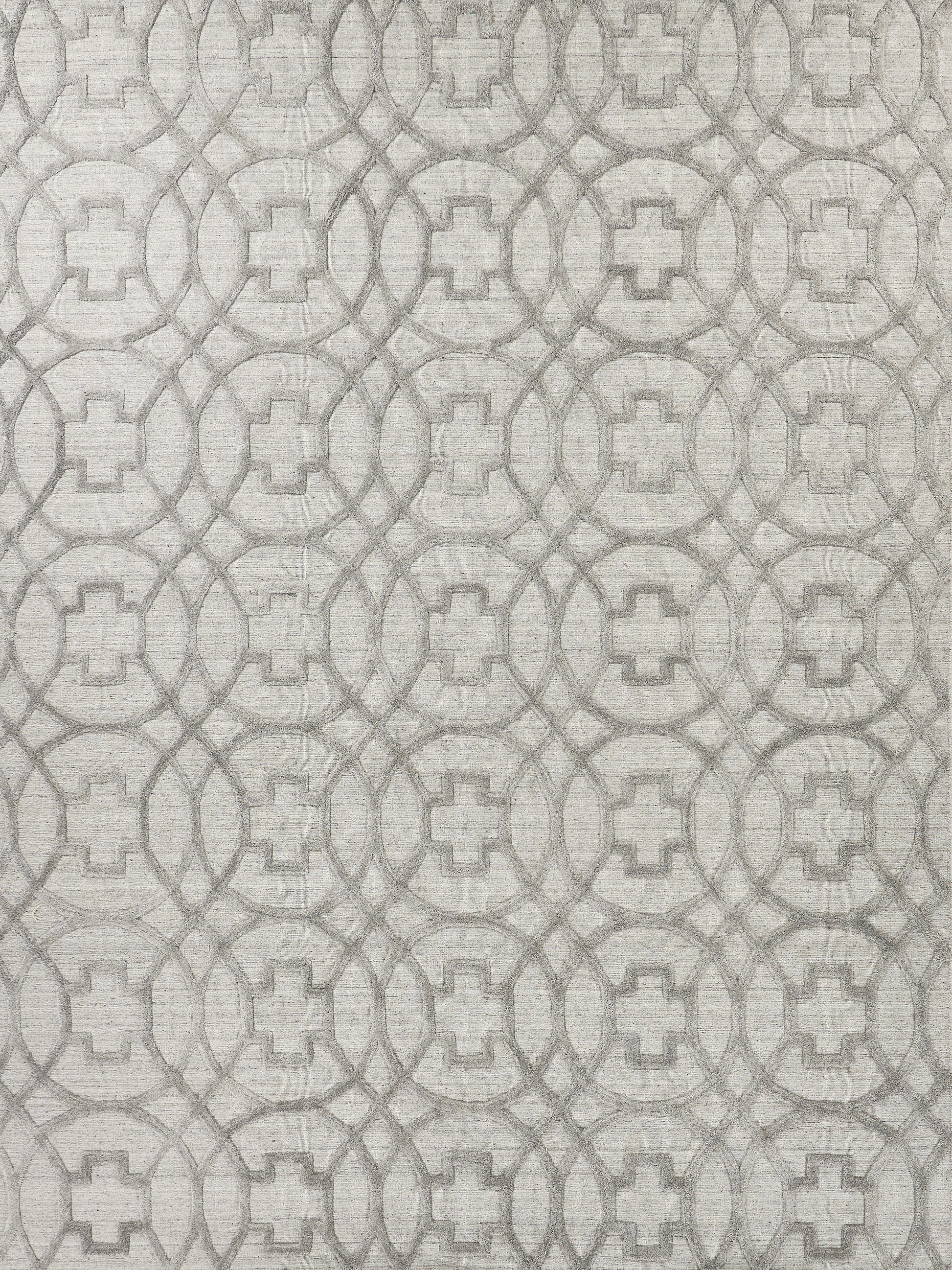 Grey linen-textured rug with a repeating interlocking circle pattern and square centers; modern geometric design.