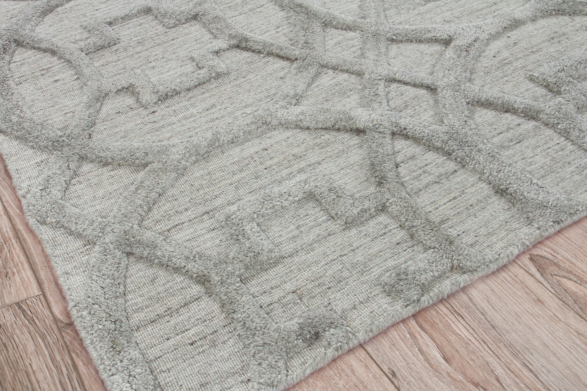 Light gray geometric area rug with soft texture and raised pattern on wood floor; modern home decor.