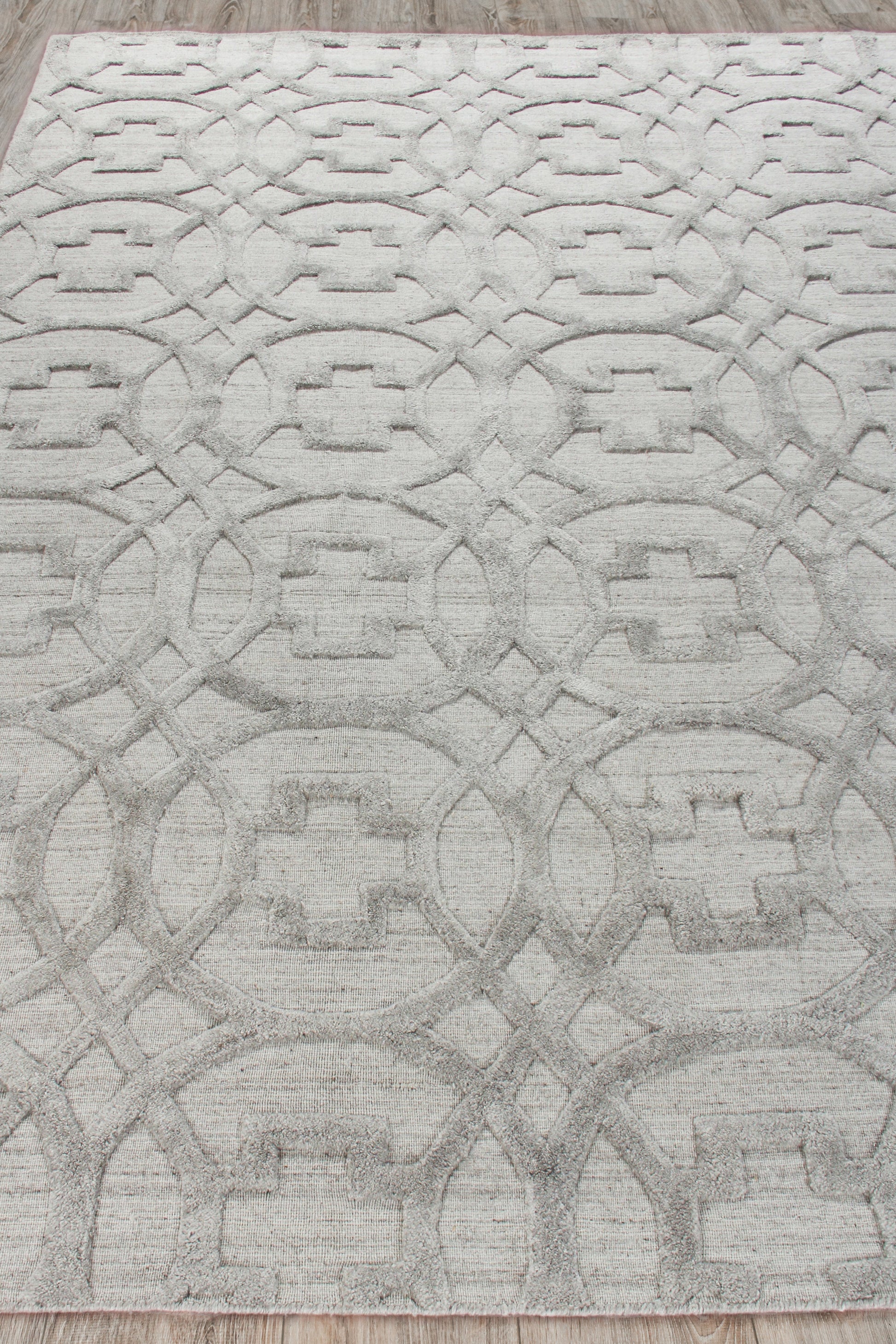 Light gray area rug with raised geometric interlocking circle & square motif; modern, soft texture.