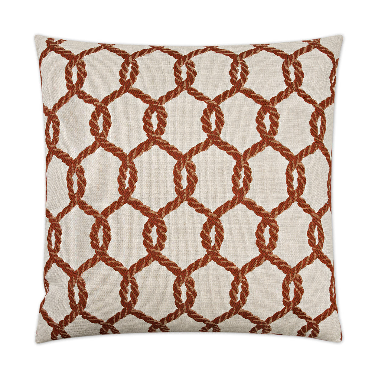 Square 24" x 24" Hawser pillow with red rope interlocking circular lattice on cream background; nautical decor.