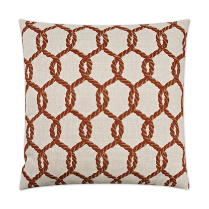 Square 24" x 24" Hawser pillow with red rope interlocking circular lattice on cream background; nautical decor.