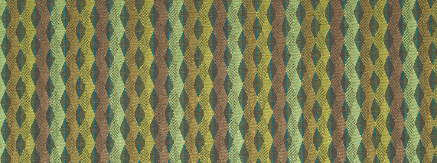 Patterned upholstery fabric with vertical diamond lattice in olive, teal, brown and mustard.