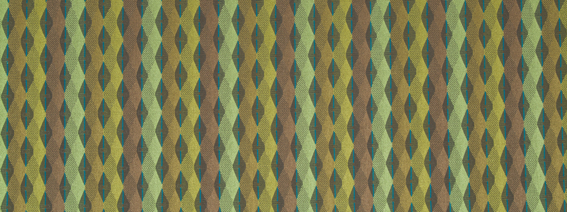 Patterned upholstery fabric with vertical diamond lattice in olive, teal, brown and mustard.
