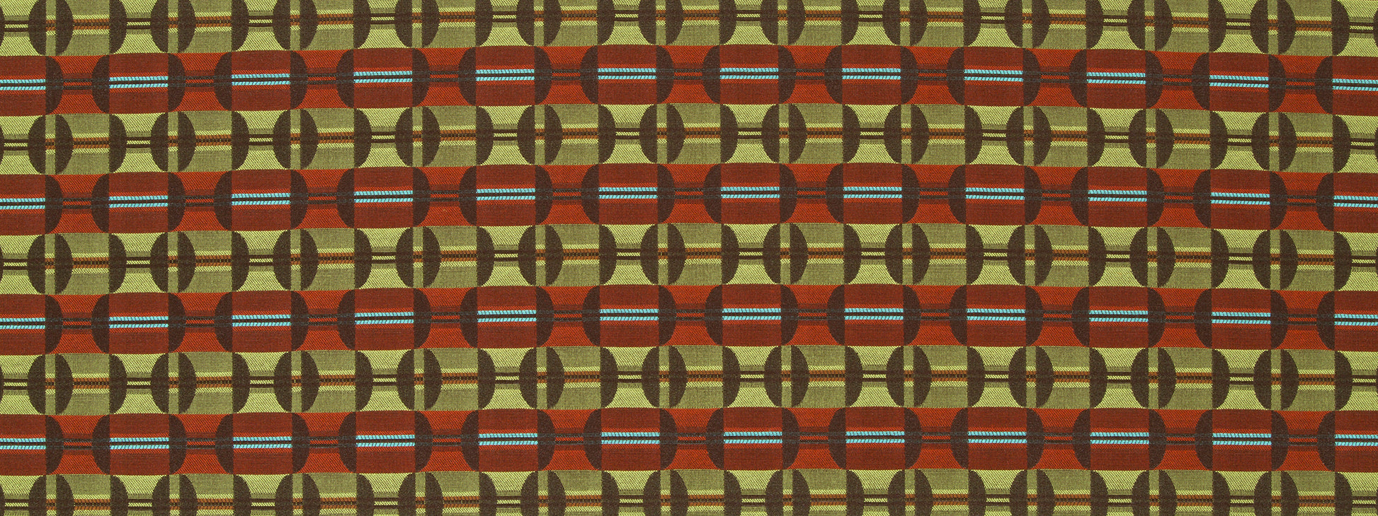 Retro geometric pattern of interlocking olive green, brown and red rings; woven upholstery fabric.